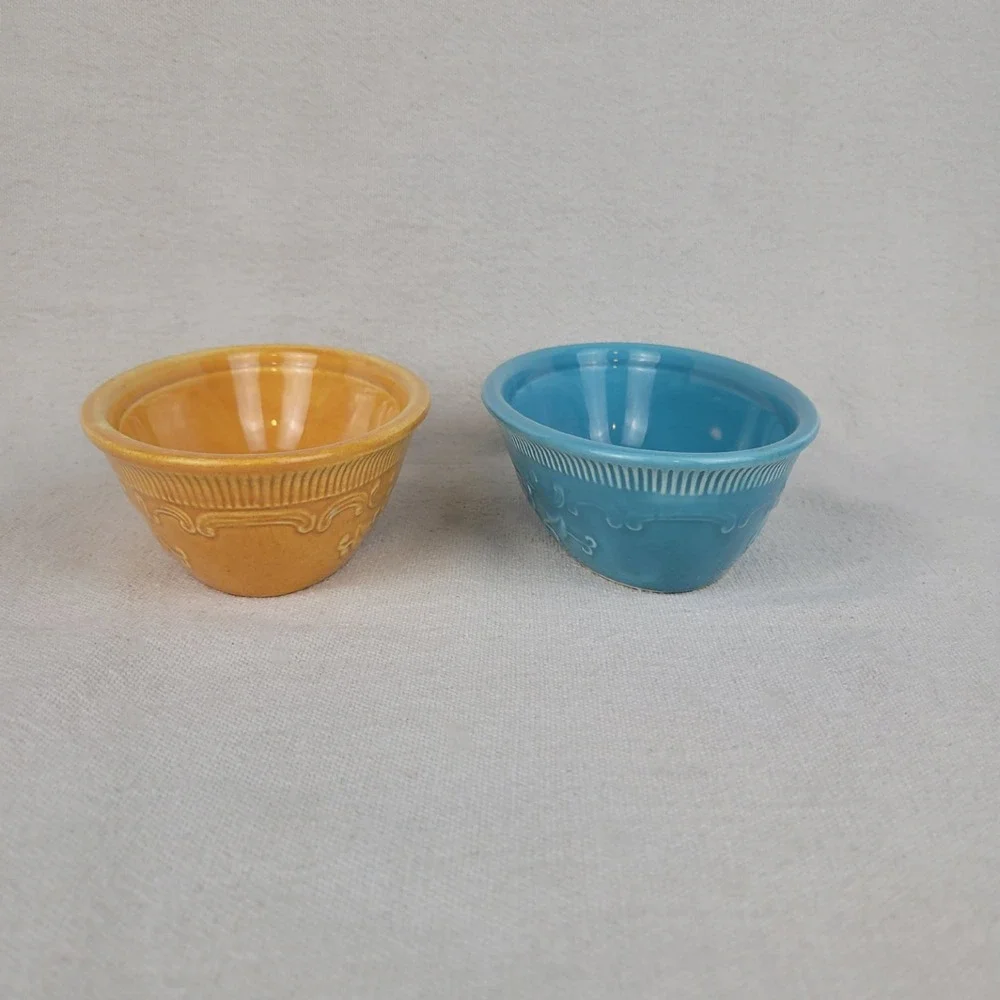 Vintage Homer‎ Laughlin Oven Serve Oval Casserole Dishes Blue Yellow Set of 2